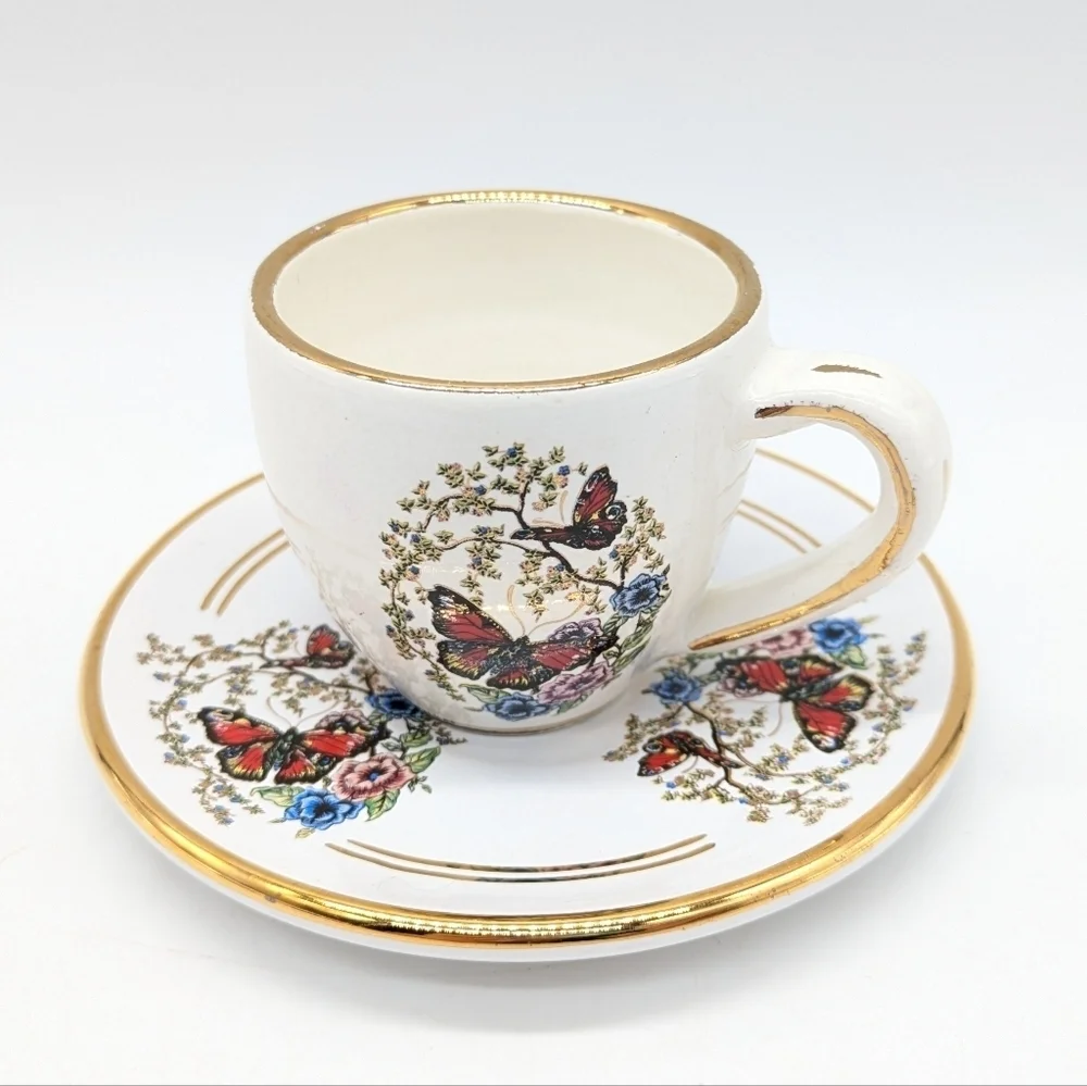 Manousakis Keramik Small Ceramic Butterfly Floral Bone China Espresso Tea Cup
